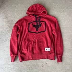 Under Armour Project Rock Hoodie Mens Large Red Bull Logo Pullover Sweatshirt